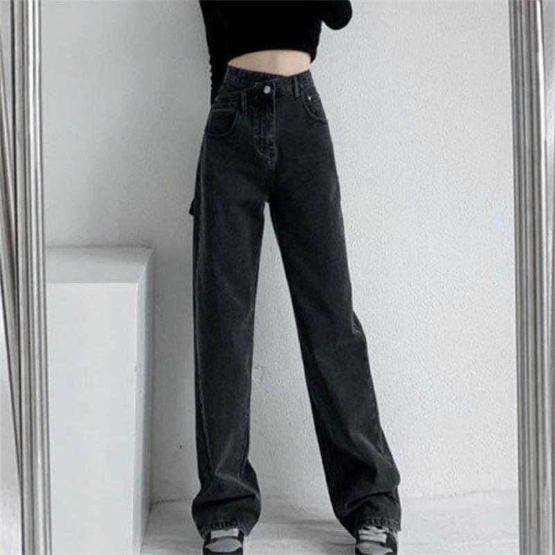 Yukiesue 2022 Damesmode Hoge Taille Zwarte Rechte Vrouwen Wijde Pijpen Jeans Baggy Vrouw Denim Capri Broek Jean Moeder jeans Broek XS zwart