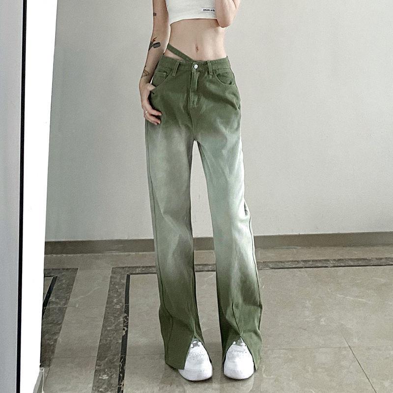 Yukiesue 2022 Womens Fashion Hoge Taille Split Up Groene Vrouwen Wijde Pijpen Jeans Baggy Vrouw Denim Capri Broek Jean Moeder jeans Broek S groen