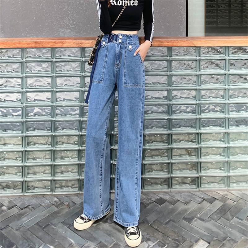 Yukiesue streetwear 2022 damesmode hoge taille dames sjerpen wijde pijpen jeans baggy vrouw denim capri broek jean moeder jeans broek XS donkerblauwe kleur