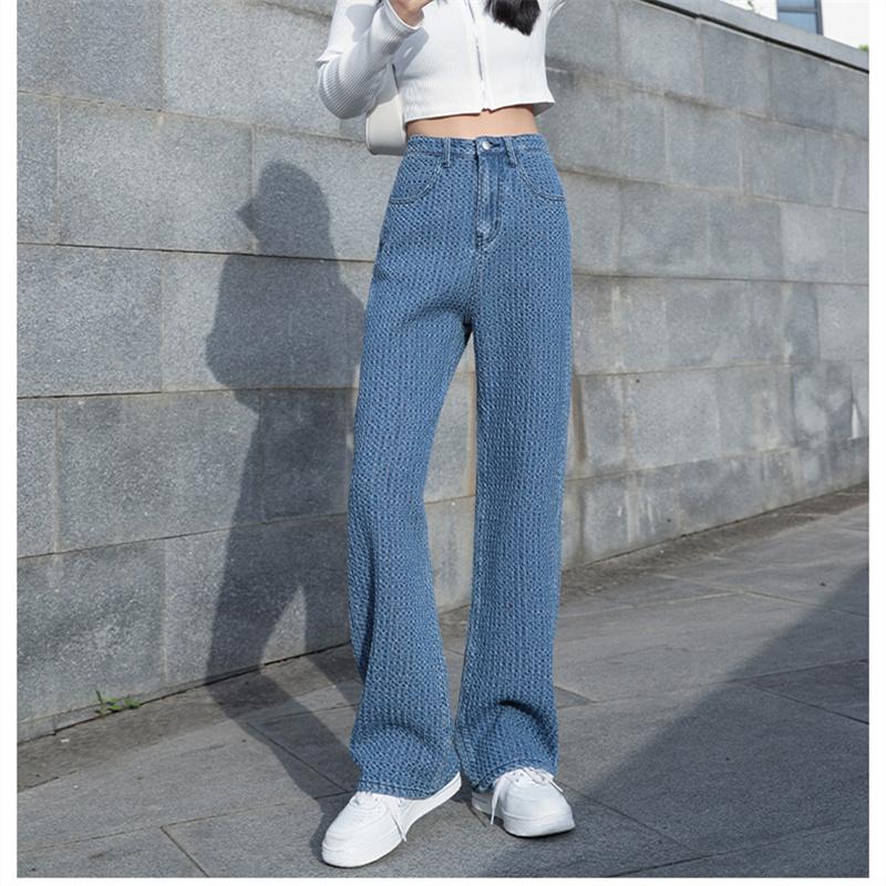 Yukiesue Lente 2022 Womens Fashion Hoge Taille Vrouwen Gedrukt Wijde Pijpen Jeans Baggy Vrouw Denim Cargo Broek Jean Mom Jeans broek XS blauw