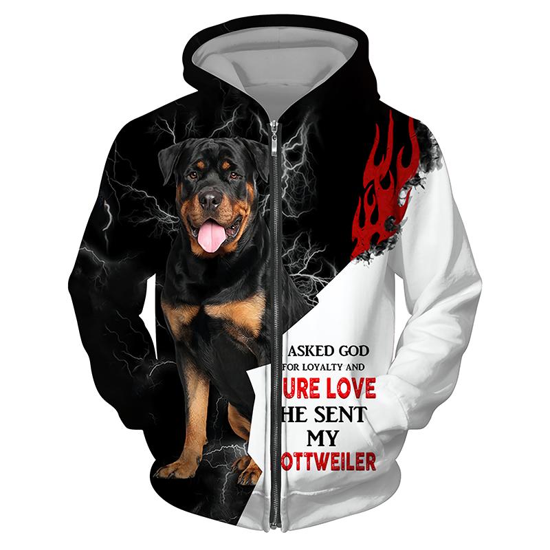 BOLIV MODA Lente Herfst Clever Rottweiler Hond 3D Print Hoodie Mannen Retro Zip Up Losse Jas Jassen Harajuku Streetwear Sweatshirt met capuchon S