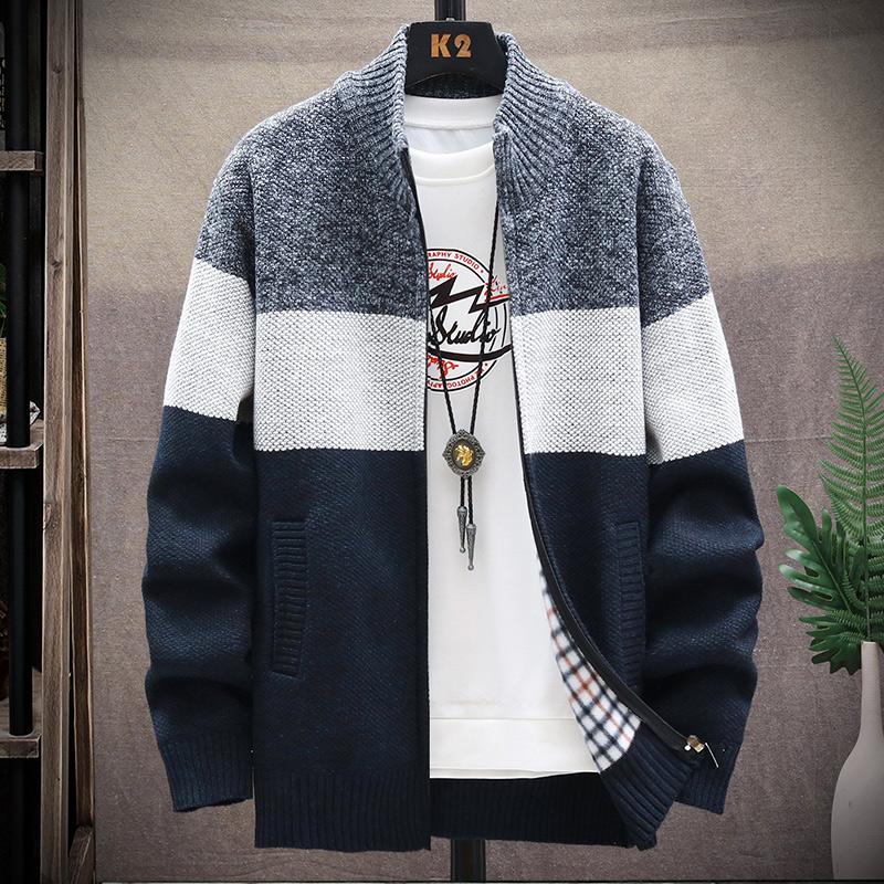 WOLF MAN Herfst Winter Cardigan Trui Heren Fleece Rits Truien Fluweel Contrast Gestreepte Trui Jassen Casual Jassen 2XL marineblauwe kleur