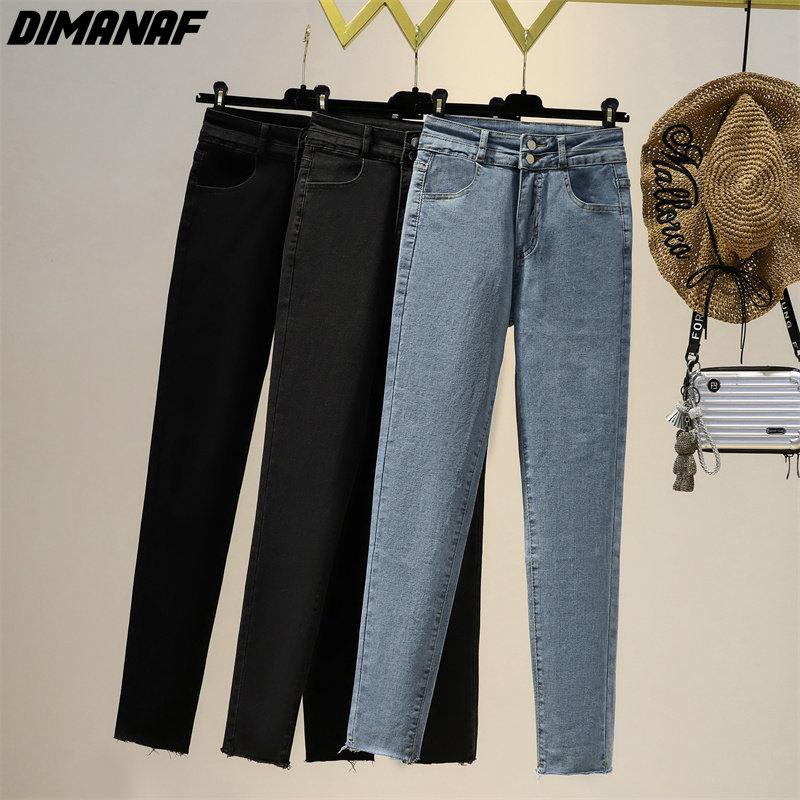 Dimanaf 2022 Nieuwe Plus Size Jeans Broek Herfst Vrouwen Potlood Elastische Knopen Broek Basic Losse Casual Vrouwelijke Stijl Broek Blauwe Broek XL zwart