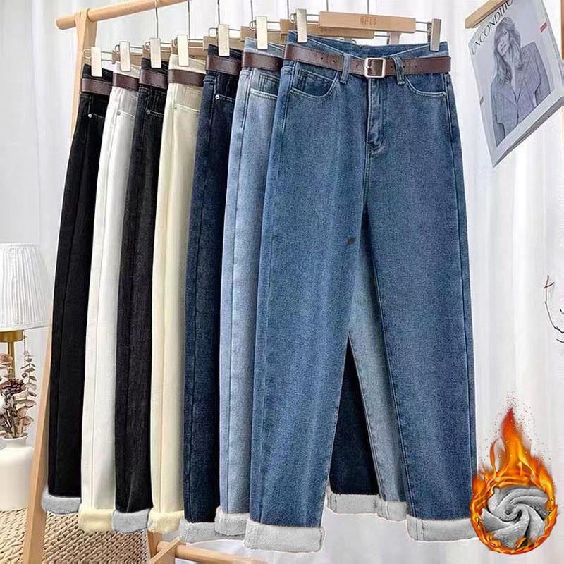 Kayusha Winter verdikte warme Harun-broek Rechte pijpen Slanke damesmode Jeans Casual broek 2XL zwart