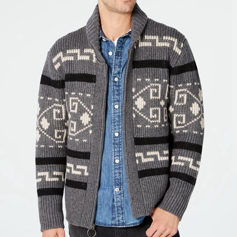 Green-Menswear Herfst Winter Nieuwe Herenmode Revers Casual Cardigan Jas Lange Mouw Slim Jacquard Gebreide Trui L