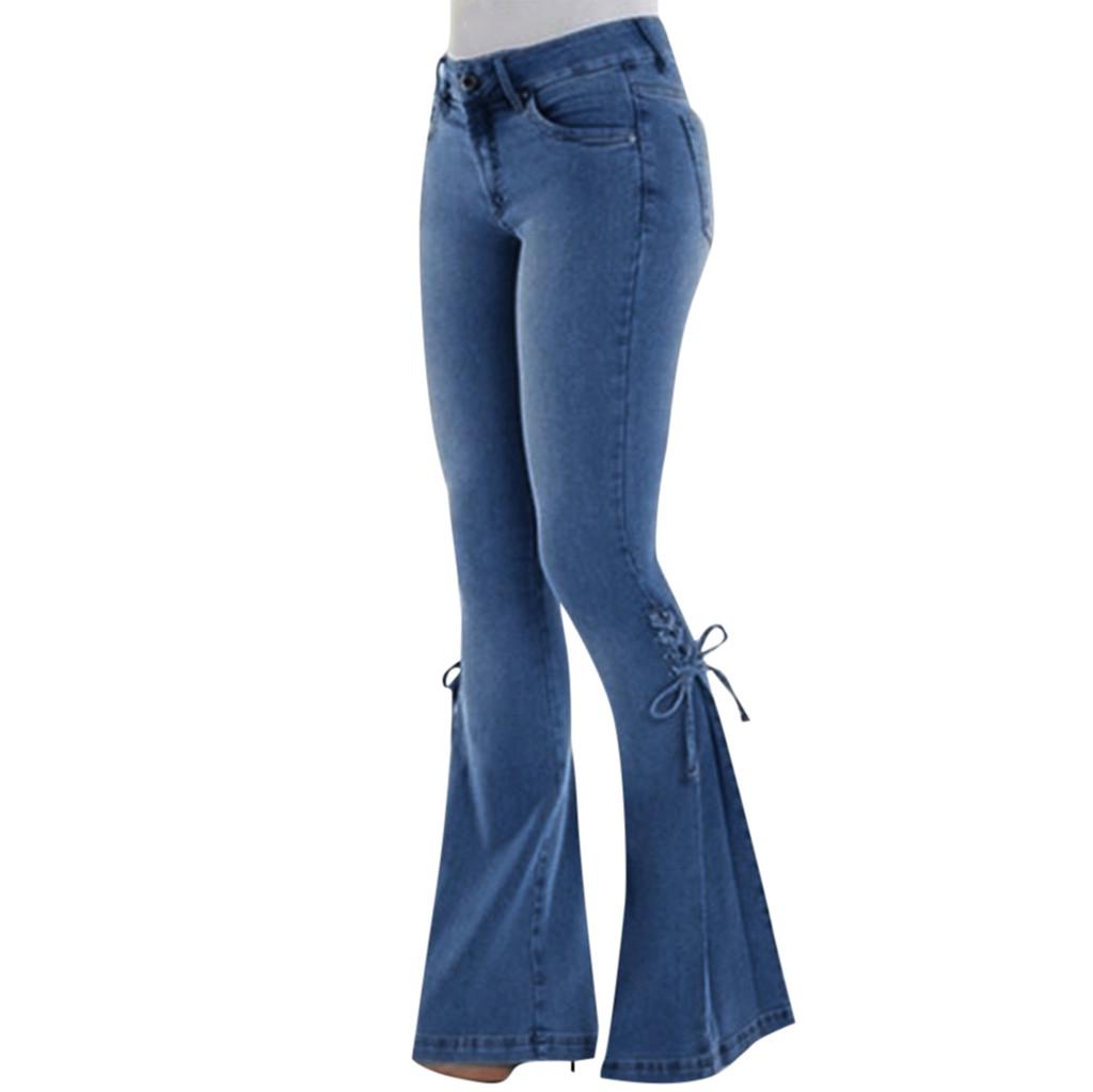 Jolian (ZO)Dames Zomer Elastisch Plus Losse Denim Boog Casual Boot Cut Broek Jeans XS zwart