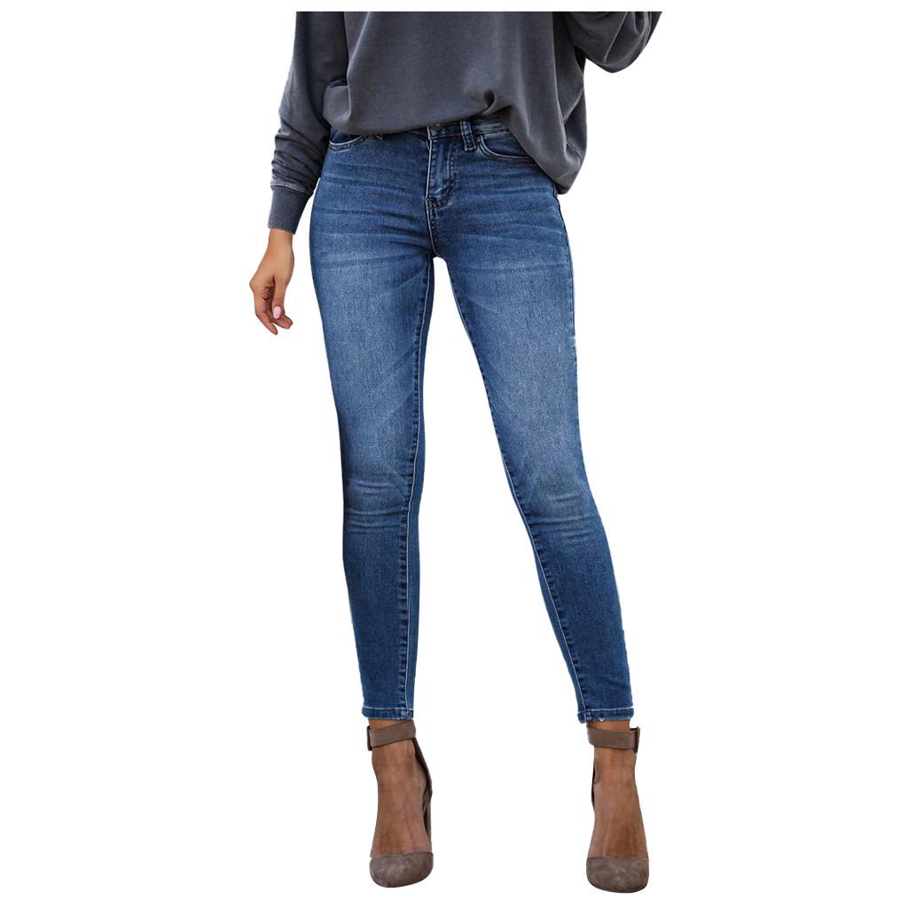 Jolian (ZO)Dames mid-getailleerde skinny denim knoop stretch slanke broek kuitlengte jeans L hemelsblauwe kleur