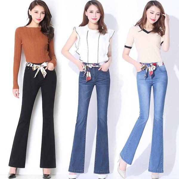 ZXXY Uitlopende jeans Dames Retro Bell Bottom Jeans Vrouwelijke wijde pijpen denim broek Broek Hippie Flares Hoge taille magere denim broek 33 zwart