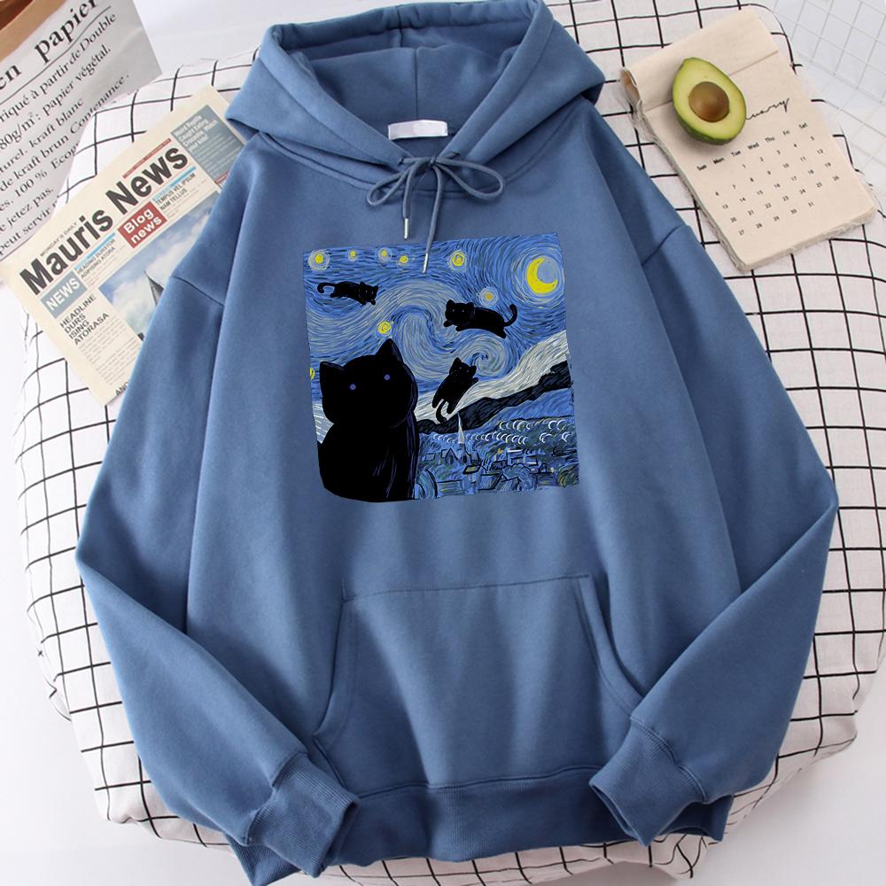 ETST 009 De Starry Cat Night Printing Hoodies Heren Herfst Oversize Hoodie Mode Fleece Sweatshirts Casual S-Xxl Pullover Tops S