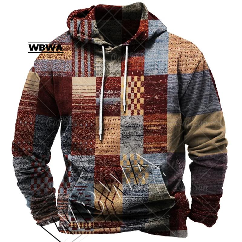 ETST0013 Vintage Heren Hoodie Voor Sweatshirt 3d Plaid Print Lange Mouw Trui Straat Man Kleding Heren Oversized Trui Met Capuchon 2023 S