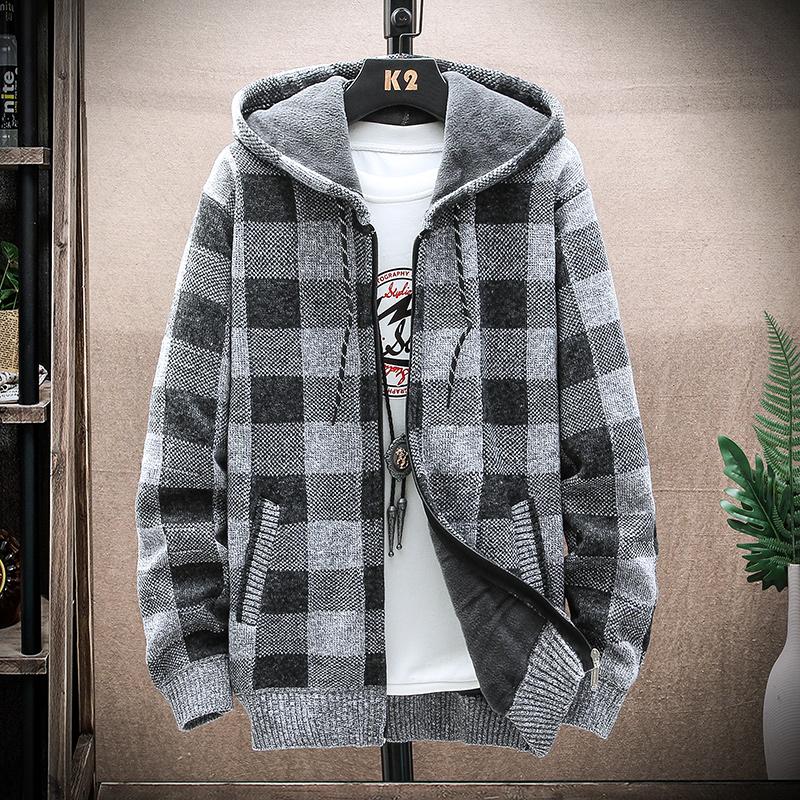 Bengxin Clothing Heren Winter Plaid Trui Capuchon Cardigan Jas Fleece Warme Gebreide Jassen M bruin