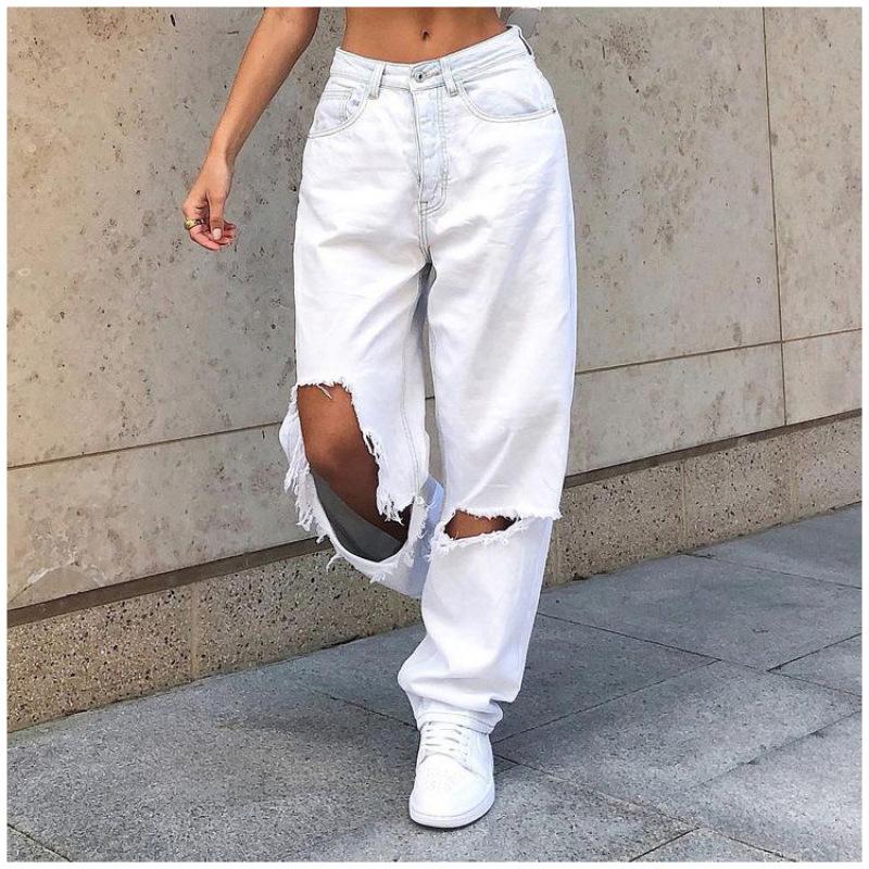 Miss Hong Wardrobe Zomer damesjeans hoge taille gescheurde denim jeans rechte broek streetwear wijde pijpen jeans casual losse wijde broek wit L wit