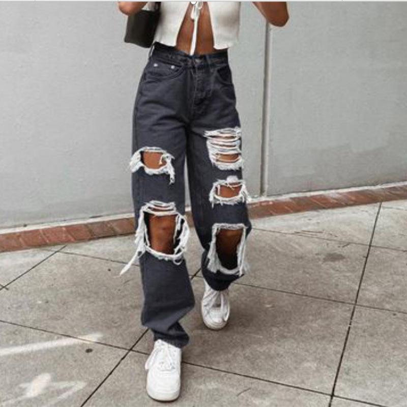 Miss Hong Wardrobe Gescheurde vintage damesjeans Verontruste streetwear gat hiphop hoge taille broek mode rechte denim broek zomer jean L zwart