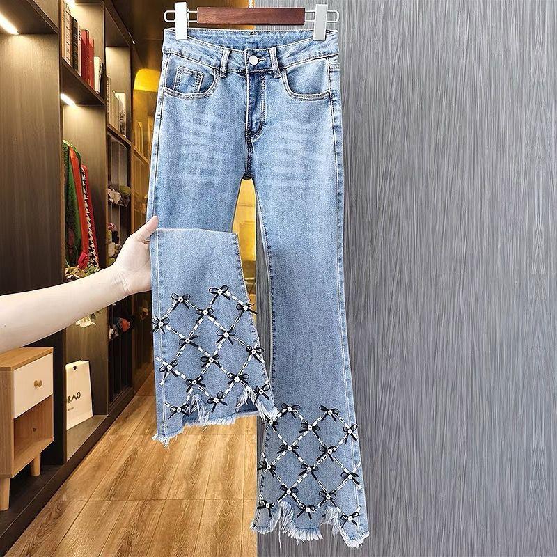 Rockulzzang Dames Flare Jeans Denim Broek met Kraal Driedimensionale Strik Lichte Bootcut Bell Bottom hoge taille schattig Koreaanse mode elegant slank S