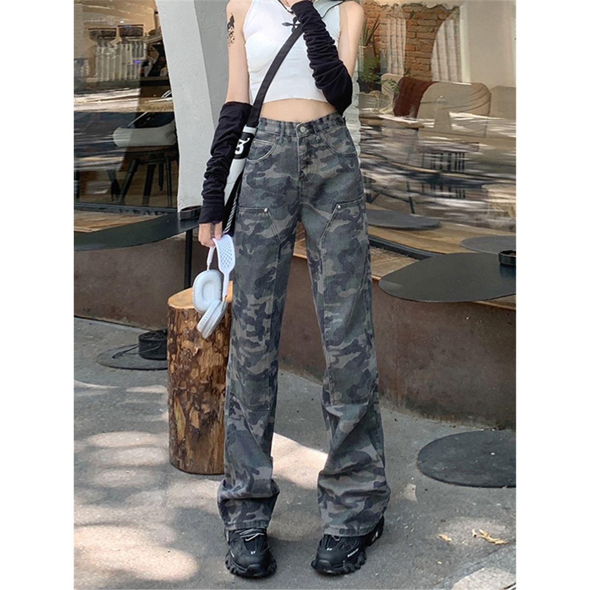 Black Strawberry Cloth Vintage Groene Camouflage Camo Vrouwen Jeans Denim Broek Mode Casual Plus Size Broek Losse Rechte boyfriend streetwear harajuku S