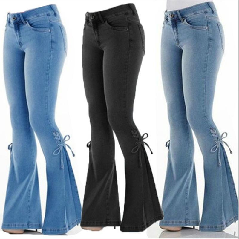 Miss Hong Wardrobe Dames Mid-Rise Tied Waist Stretch Jeans Vintage Denim Jeans Hoge Taille Stretch Denim Flare Broek Broek Vetersluiting Strik Lange Wijde Pijpen Flare Jeans XS zwart