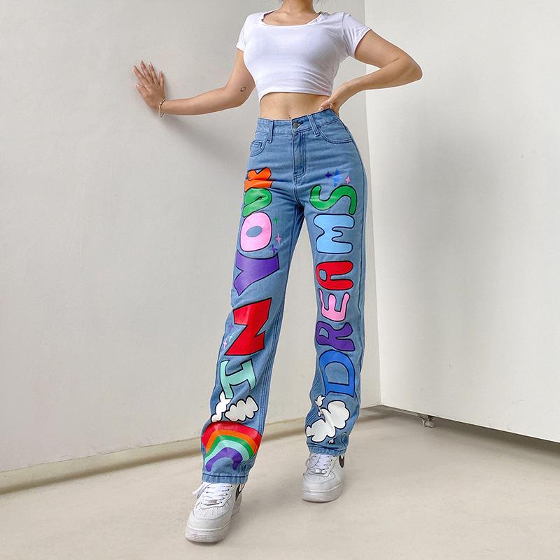 Miss Hong Wardrobe Nieuwe losse damesjeans met graffiti-print en hoge taille S blauw