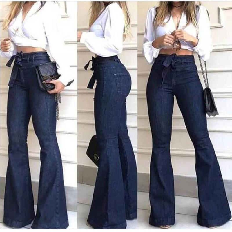 Miss Hong Wardrobe Dames hoge taille stropdas jeans hoge stretch slanke flare jeans casual wijde pijpen broek S marineblauwe kleur