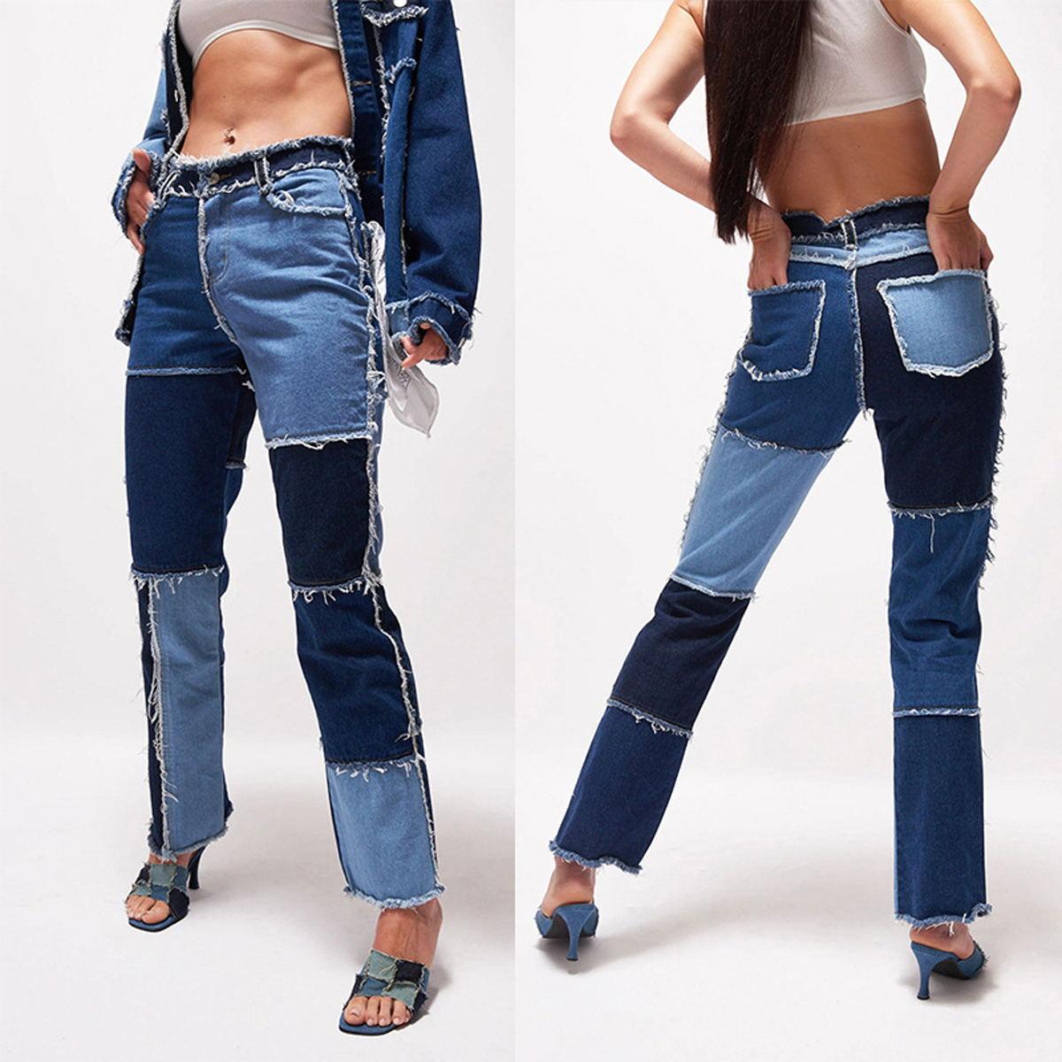 Miss Hong Wardrobe Vrouwen Mode Vintage Kleur Contrast Patch Hoge Taille Jeans 2022 Zomer Herfst Vrouwen Strakke Hip Flare Denim Broek Streetwear XS roze