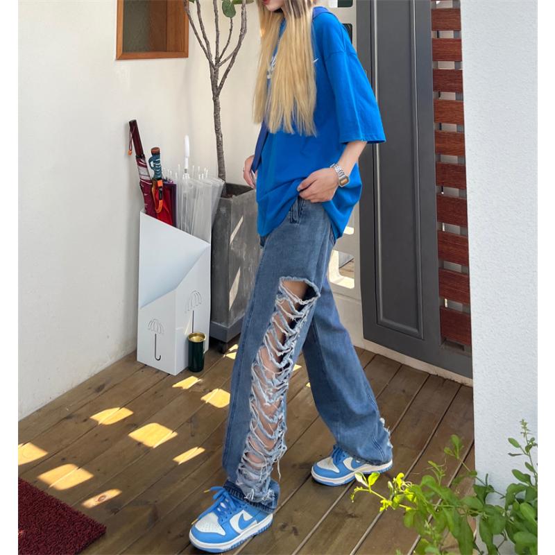 Black Strawberry Cloth Kant gescheurd gat uitgehold damesjeans denim broek broek punk hippie grunge 2023 mode harajuku streetwear y2k hoge taille S blauw