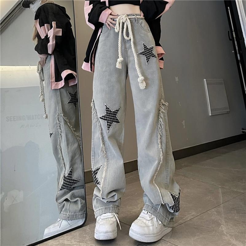 Black Strawberry Cloth Gescheurde franje ster damesjeans denim broek met veterriem trekkoord 2023 harajuku streetwear y2k vriendje hiphop hippie S blauw