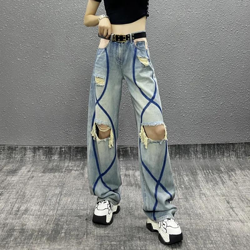 Black Strawberry Cloth Dames jeans denim broek met riem gescheurd gat contrast print patchwork colorblock mode casual recht boyfriend streetwear harajuku vintage y2k M blauw