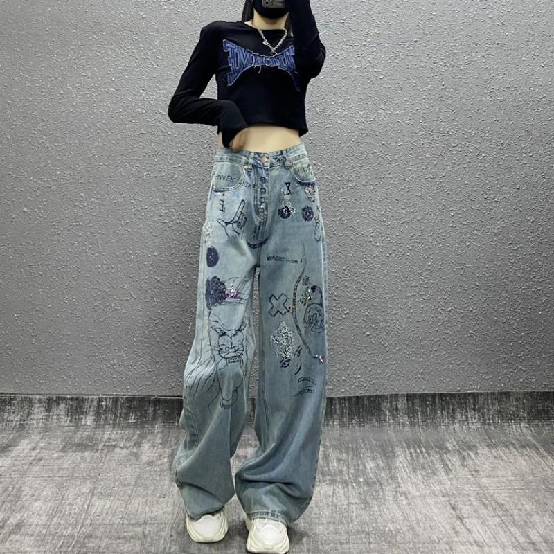 Black Strawberry Cloth Dames jeans denim broek met hete boordiamanten cartoon print mode casual broek losse rechte boyfriend streetwear harajuku vintage y2k M blauw