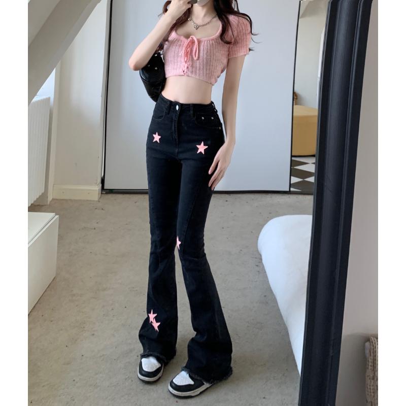 Black Strawberry Cloth Vrouwen Flare Jeans Denim Broek Lichte Bootcut Slanke Elegante Zwarte broek Koreaanse stijl kleding 2023 y2k zomer hoge taille S zwart