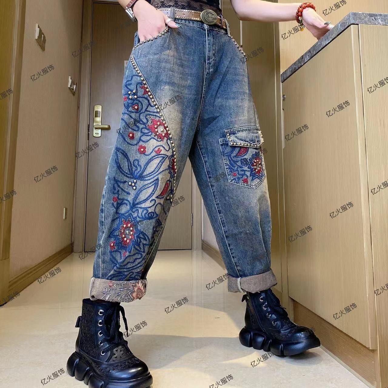 Black Strawberry Cloth Vrouwen Jeans Denim Broek met Kralen Klinknagel Borduren Bloem Mode Casual Broek Losse boyfriend streetwear harajuku y2k M blauw