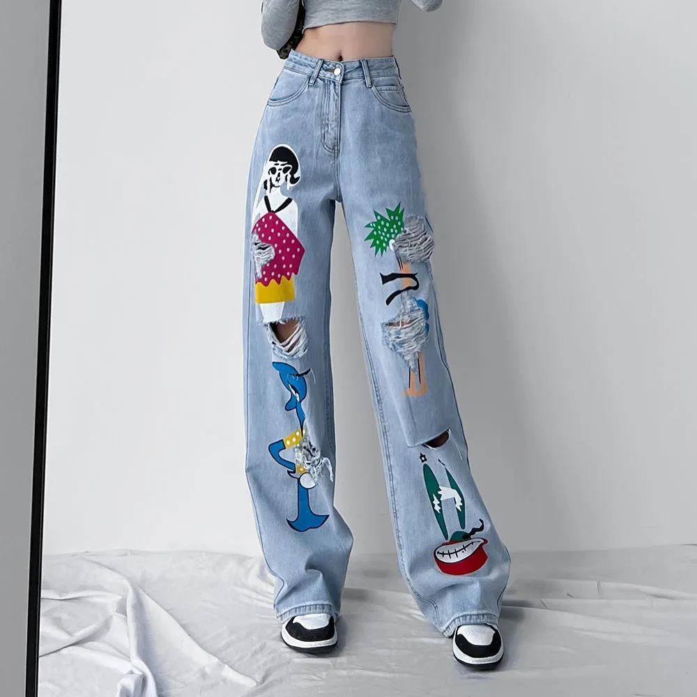 Black Strawberry Cloth Vrouwen Jeans Denim Broek met Gescheurd Gat Cartoon Gedrukt Grappige Mode Casual Losse Rechte vriendje streetwear harajuku vintage y2k M blauw