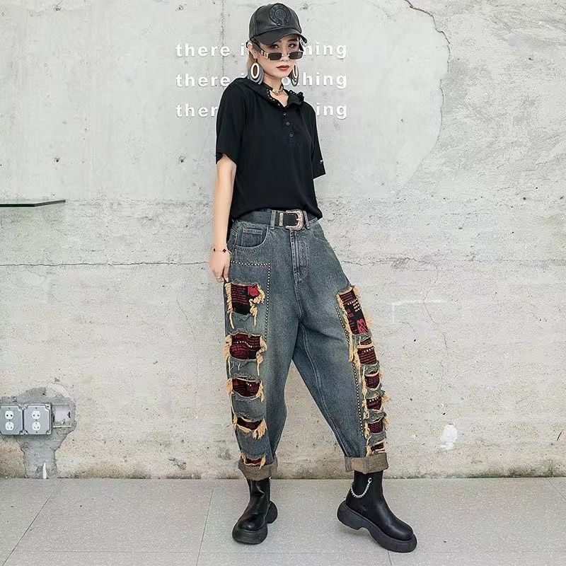 Black Strawberry Cloth Dames jeans denim broek met kraal klinknagel gescheurd mode casual grote maten broek vriendje streetwear harajuku vintage y2k-stijl M blauw