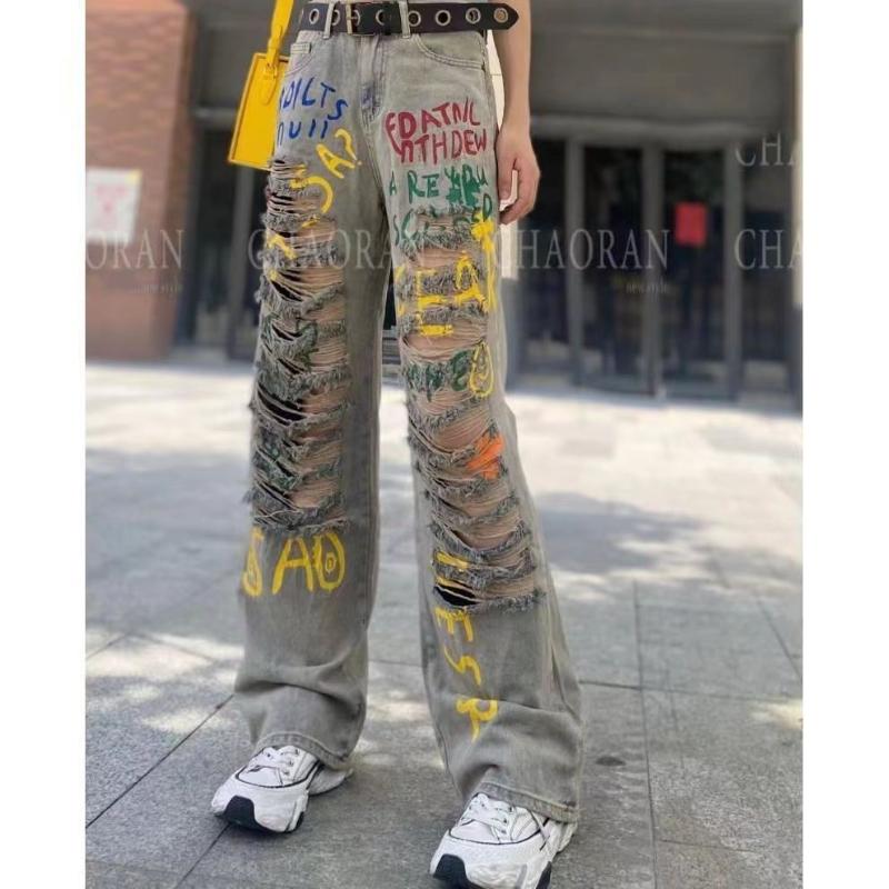 Black Strawberry Cloth Dames Jeans Denim Broek met Gescheurd Gat Letter Graffiti Print Losse Rechte boyfriend streetwear harajuku vintage y2k-stijl M blauw