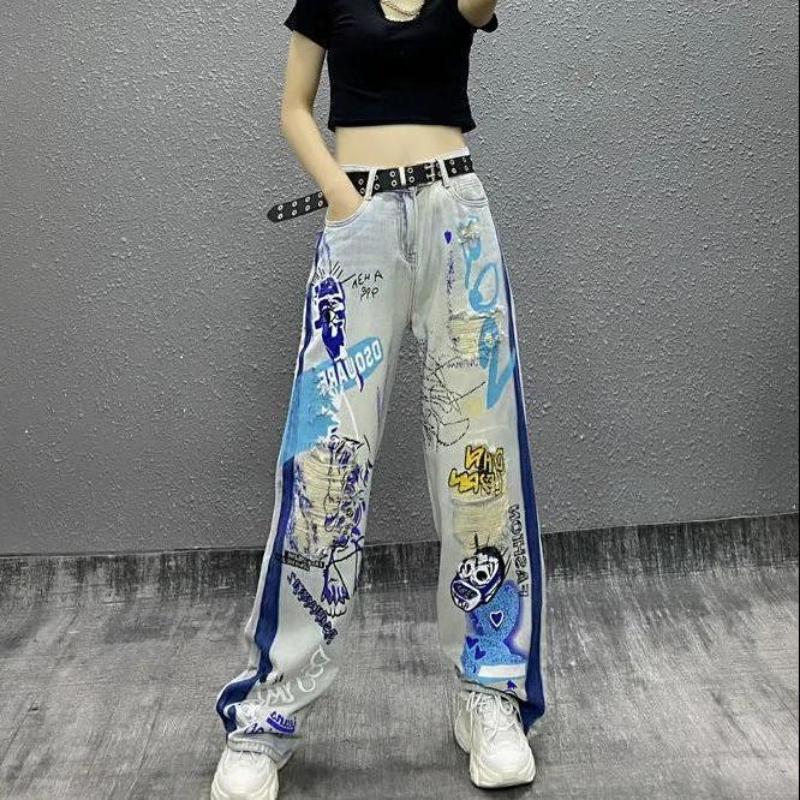 Black Strawberry Cloth Gescheurd gat Graffiti bedrukt dames jeans denim broek mode casual lange broek losse rechte vriendje streetwear harajuku vintage y2k-stijl M blauw