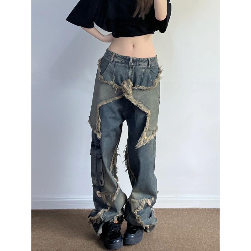 Black Strawberry Cloth Zijzak gescheurde franje Techwear damesjeans denim broek broek hiphop punk 2023 grunge goth harajuku streetwear S blauw