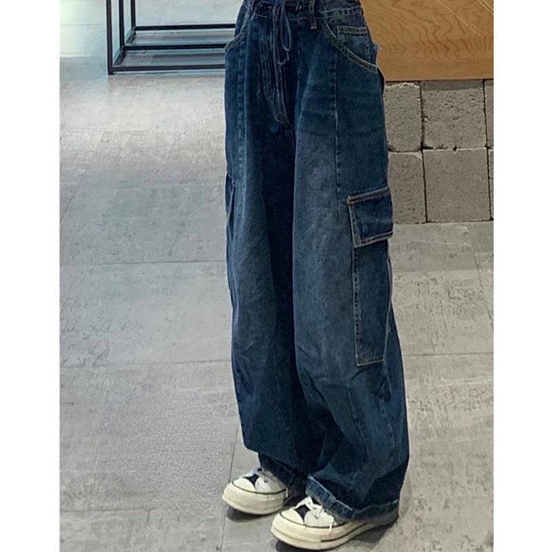 WQJ17EP Vintage cargo jeans dames lente Y2k streetwear losse hoog getailleerde jeans L blauw