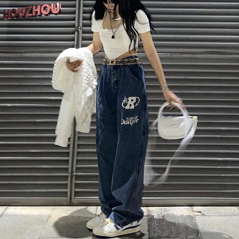 QW19MAC Vintage oversize baggy jeans dames herfst Koreaanse streetwear bedrukte hoge taille wijde benen jenas voor dames blauw hiphop harembroek voor dames 2XL zwart