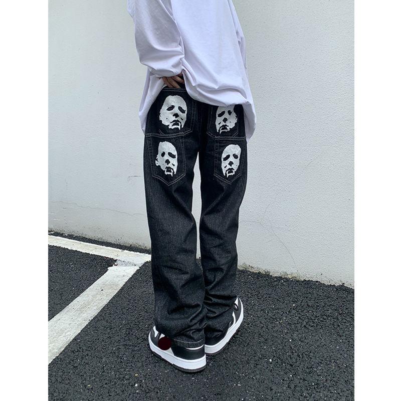 QW19MAC Europese en Amerikaanse high street hiphop losse allerlei soorten afdrukken Rechte jeans met wijde pijpen Y2K Retro Harajuku Jeans Unisex L zwart