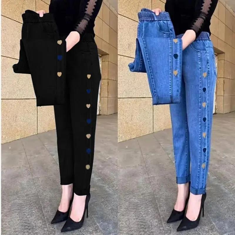 QW19MAC Kleurrijke hart geborduurde haremjeans dames lente en herfst denim broek hoge taille elastische grote maat losse casual denim broek L zwart