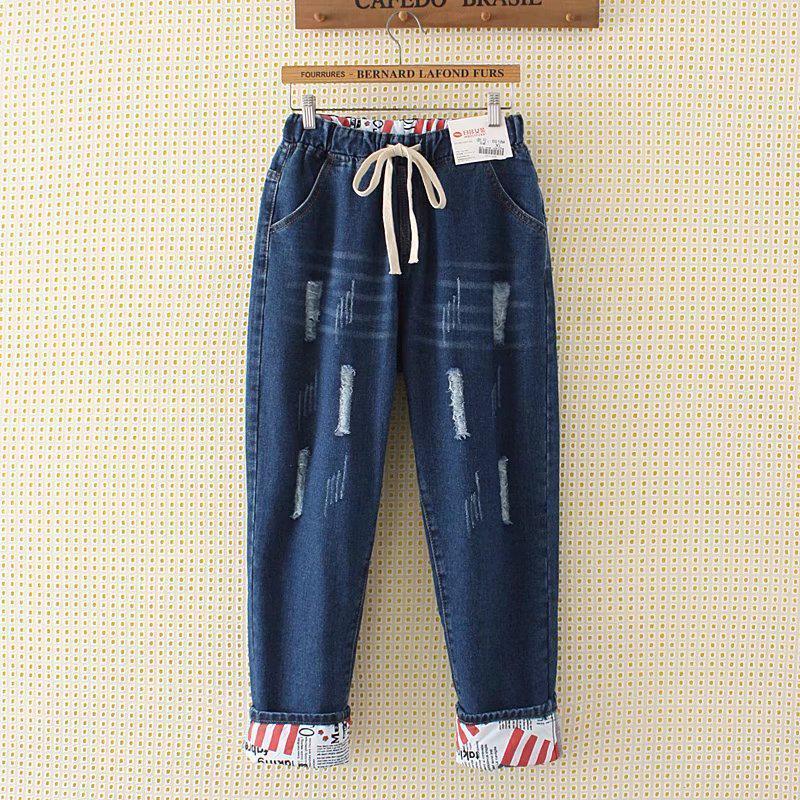 CM56GE Dames Lente en herfst Grote maat Hoge taille Casual broek Jeans met losse gaten Denim cropped broek 2XL blauw