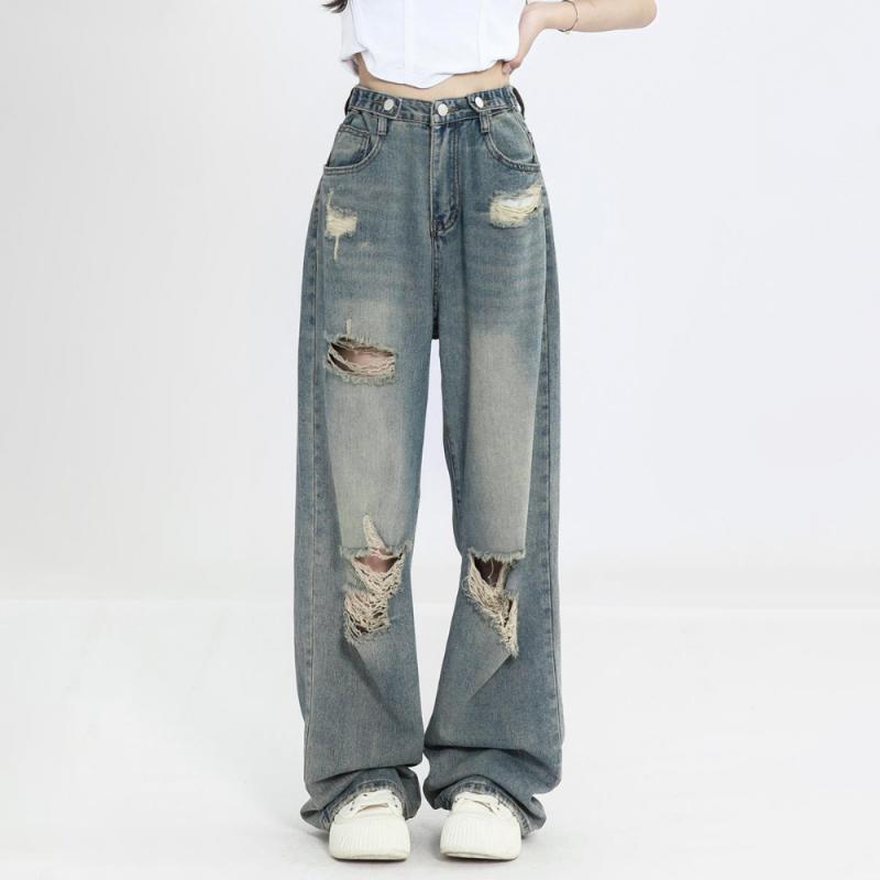 Zhanjie Ladies Clothing Vintage Y2K gescheurde jeans dames blauwe hoge taille rechte losse denim broek wijde pijpen broek streetwear oversize S blauw