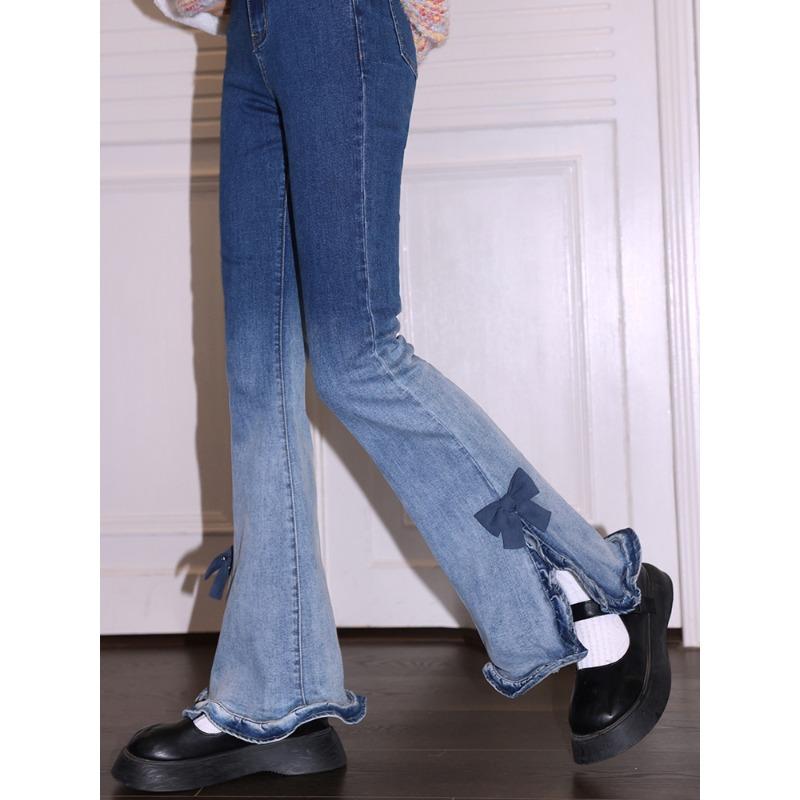 Exotic Kawaii Zoete Boog Flare Broek Vrouwen Pure Kleur Slanke Flare Jeans Japanse Stijl Zomer 2023 Hoge Taille Vintage Denim Broek chic S zwart