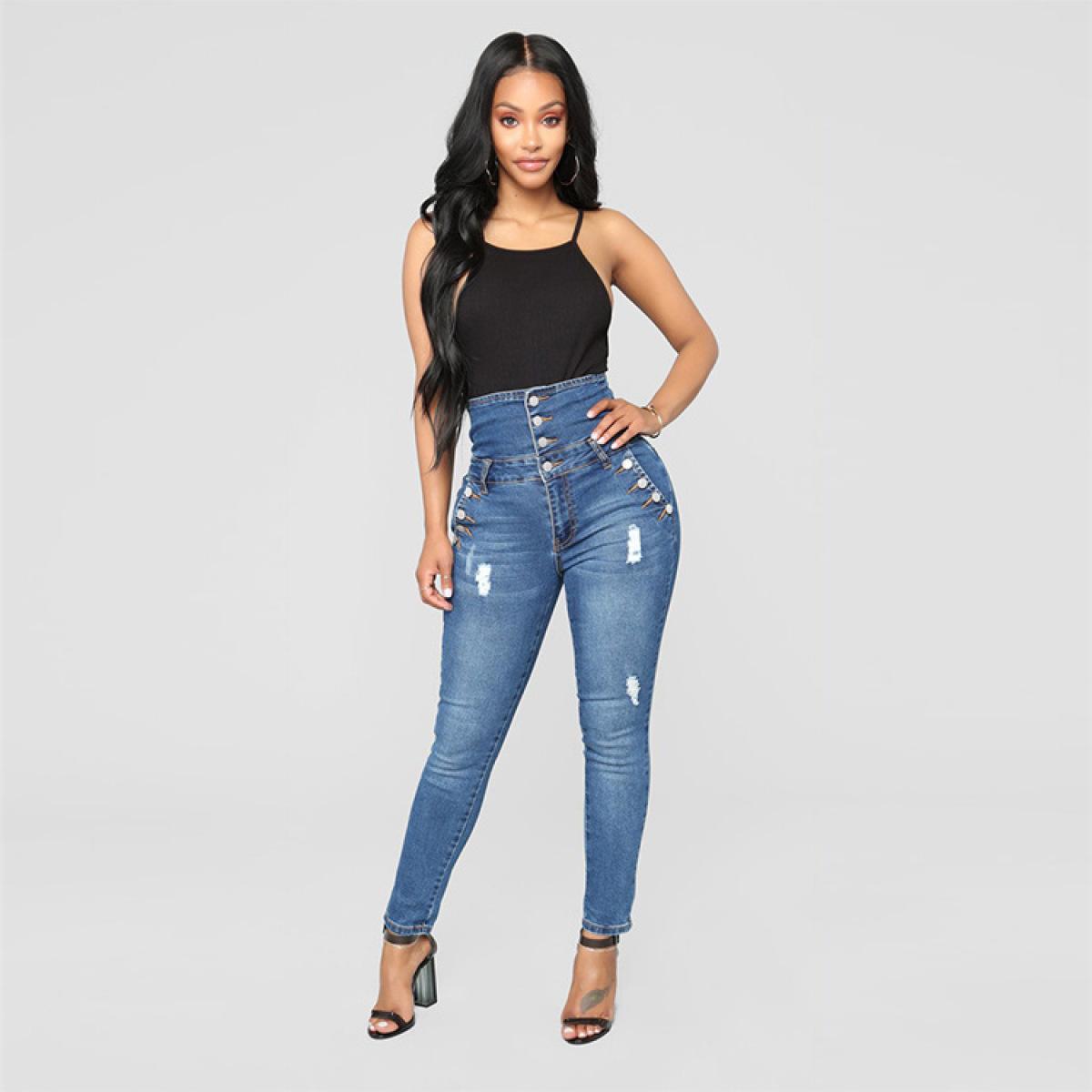 Wangpai Apparel Damesjeans Stretchjeans met hoge taille L blauw