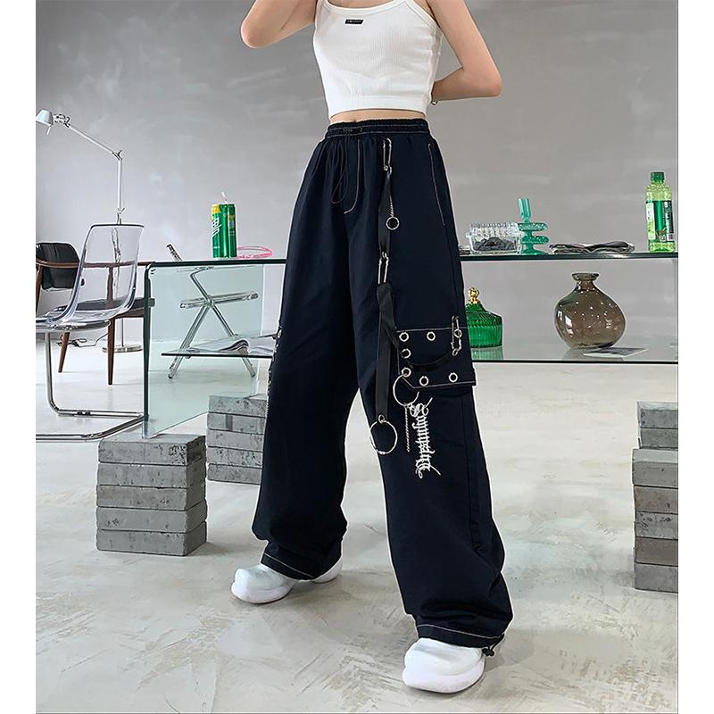 Fantastic wardrobe Harajuku Punk Zwarte Cargo Broek Vrouwen Gothic Ketting Witte Wijde Pijpen Broek Vrouwelijke Hippie Street Style Emo Mall Goth S zwart