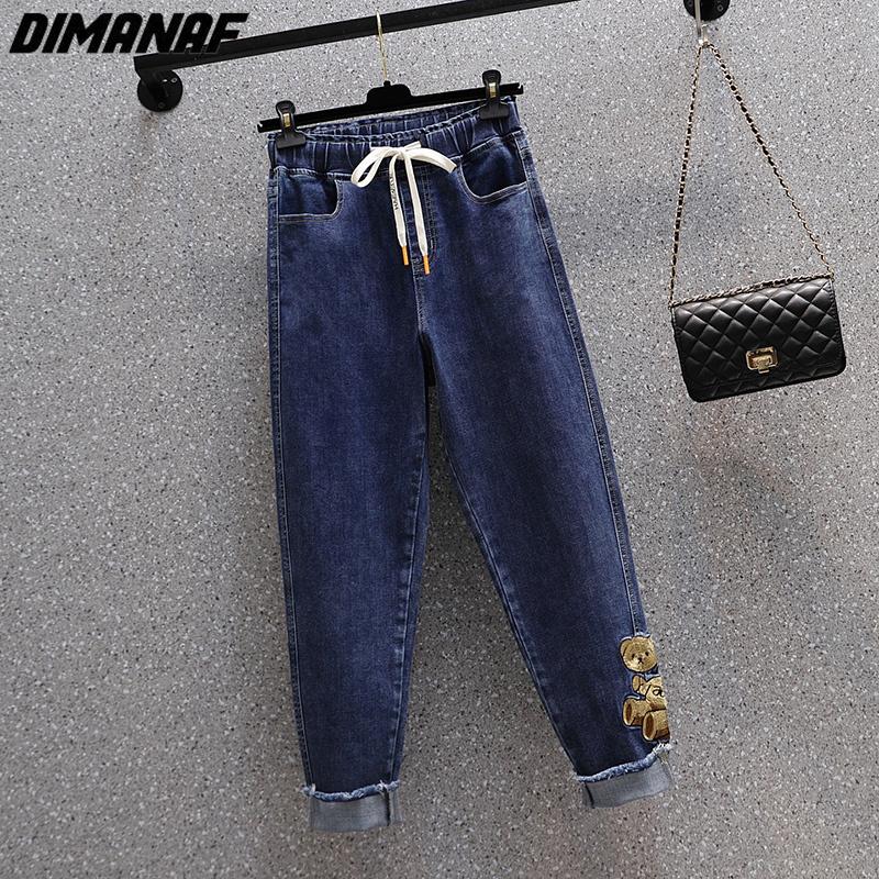 Dimanaf 2023 Plus Size Herfst Jeans Lange Broek Vrouwen Elastisch Los Vintage Blauw Casual Patroon Hoge Taille Basic Vrouwelijke Basic Broek 3XL blauw