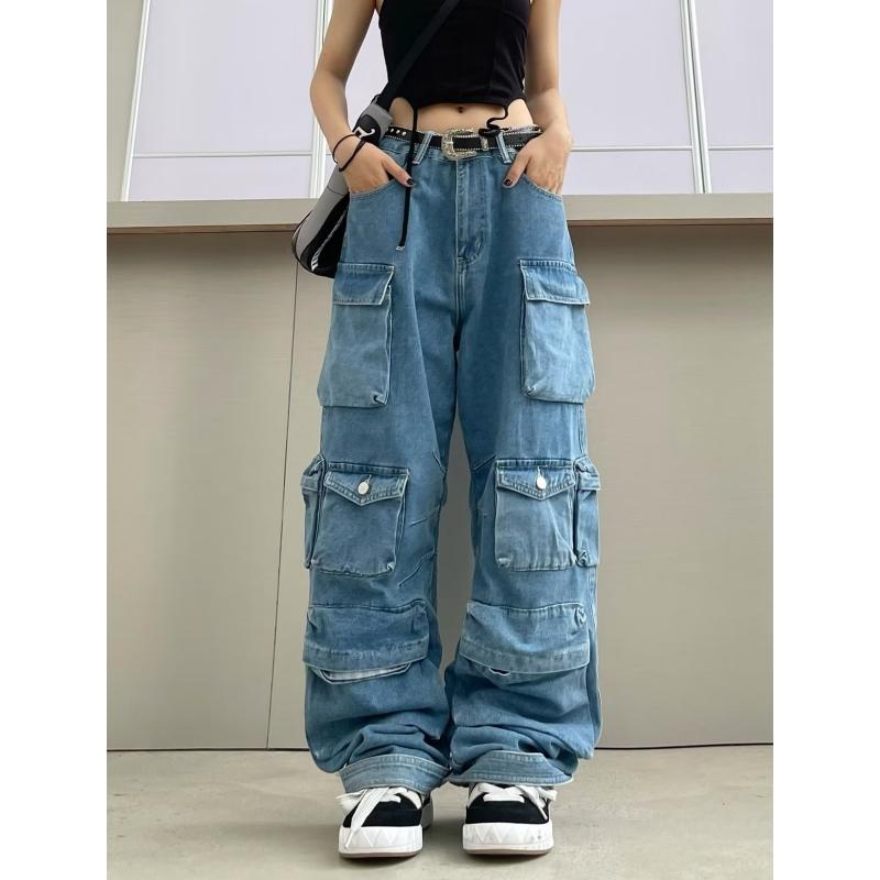 Fantastic wardrobe Multi-Pocket Blauw Gewassen Cargobroek Y2k Retro High Street Hoge Taille Jeans Paar Harajuku Casual Wijde Pijpen Broek M