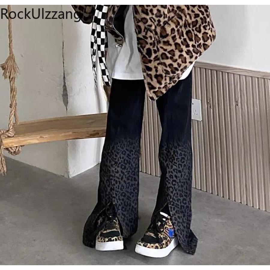 Black Strawberry Cloth Leopard Slit Jeans Denim Pant plus size jean broek damesmode casual y2k broek harajuku Koreaanse kleding S zwart