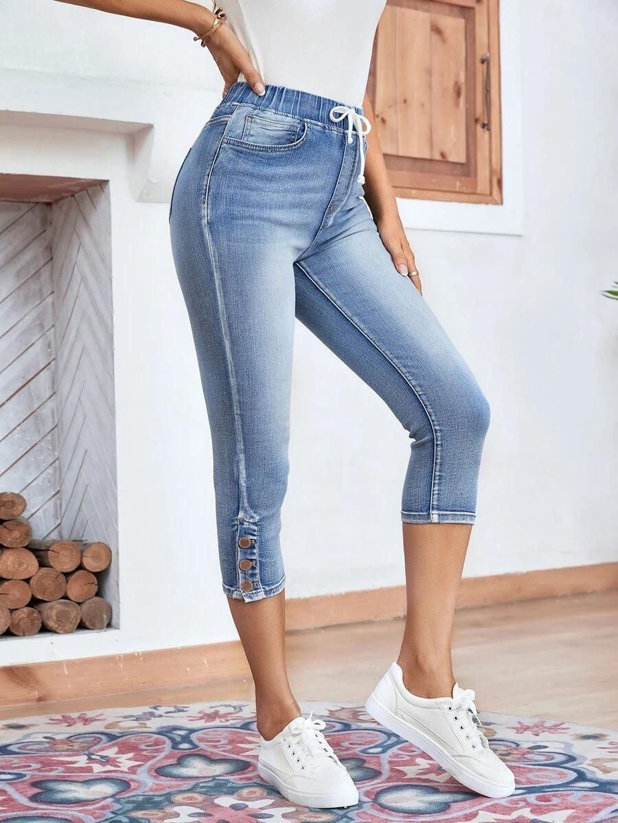 Omena Damesjeans tot kuitlengte met elastische taille S blauw