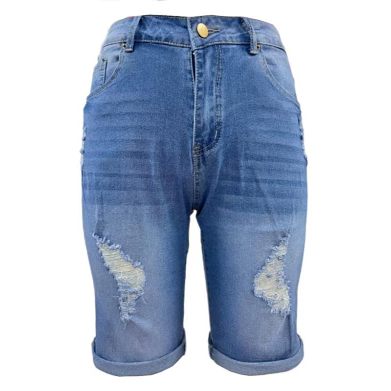 Omena 2023 Zomer-jeans met hoge elasticiteit en gebroken gaten voor dames S blauw