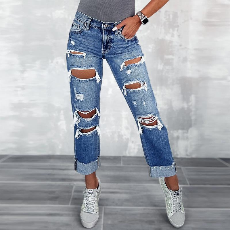 Omena Nieuwe gescheurde jeans vrouw dames hoge streetwear S blauw