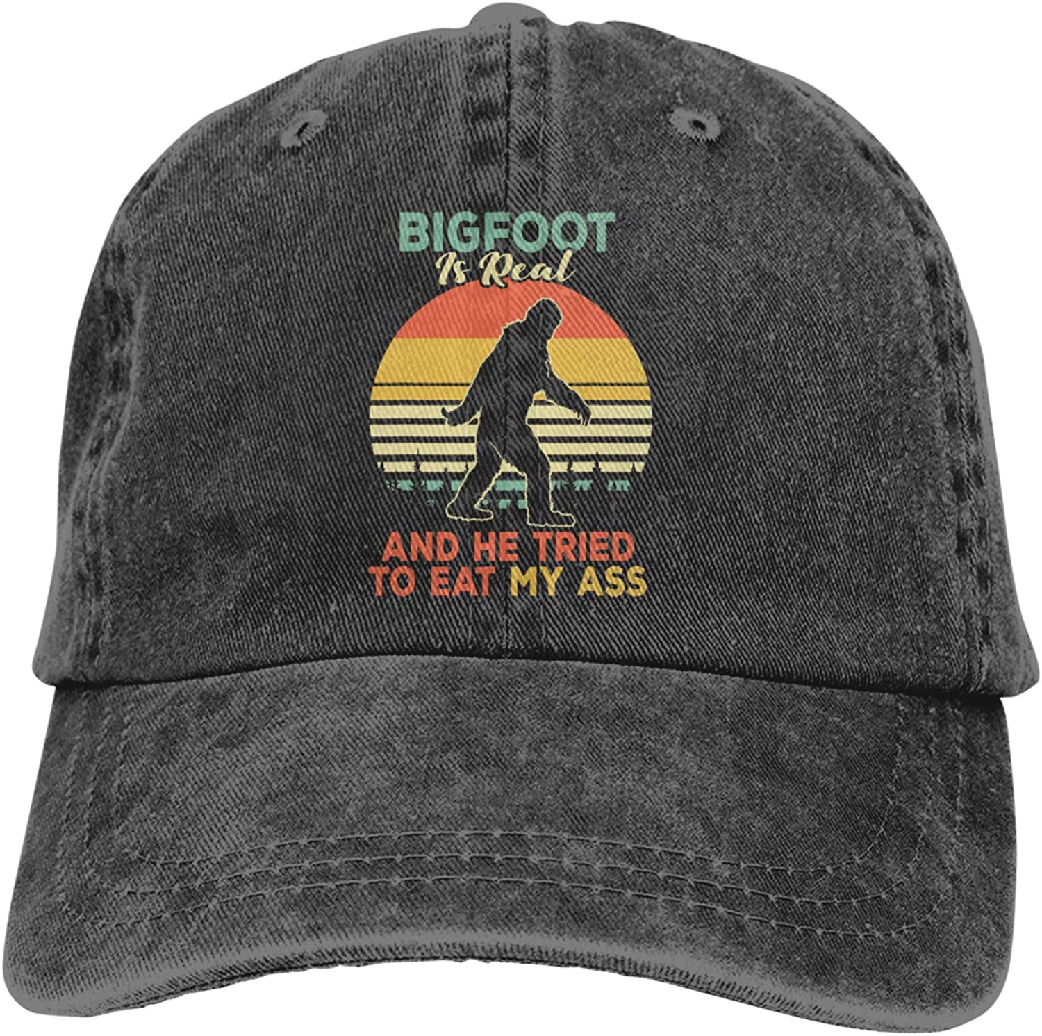 91460000MAC14ECE0X Bigfoot is echt en hij probeerde hoed te eten, grappige Sasquatch cadeaus voor mannen vrouwen verstelbare vintage denim papa baseball cap One Size